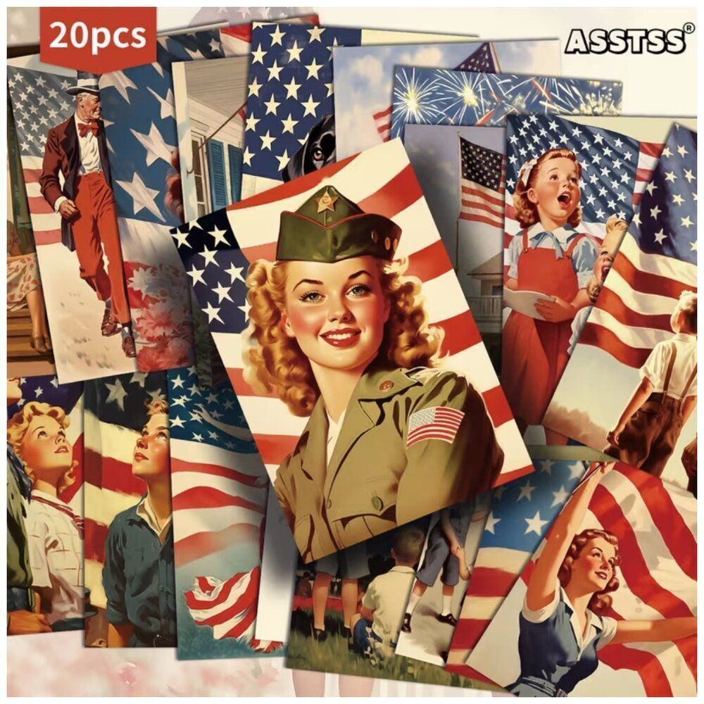 NWT Retro Patriotic Vintage Postcards Art Print Craft Ephemera Junk Journal 20pc